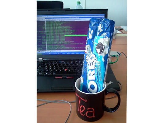 Oreos in my mug on my desktop at CapGemini